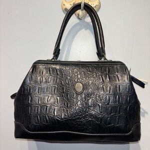 CHENSON‎ Black Croc Pattern Faux Leather Doctor Satchel Purse Bag Brass Trim